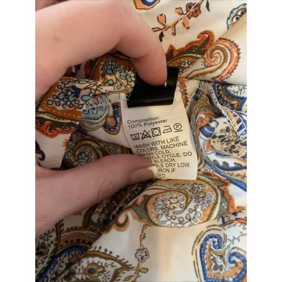 Shein Orange White Blue Paisley Pattern Cold Shoulder Top Medium - Picture 4 of 4